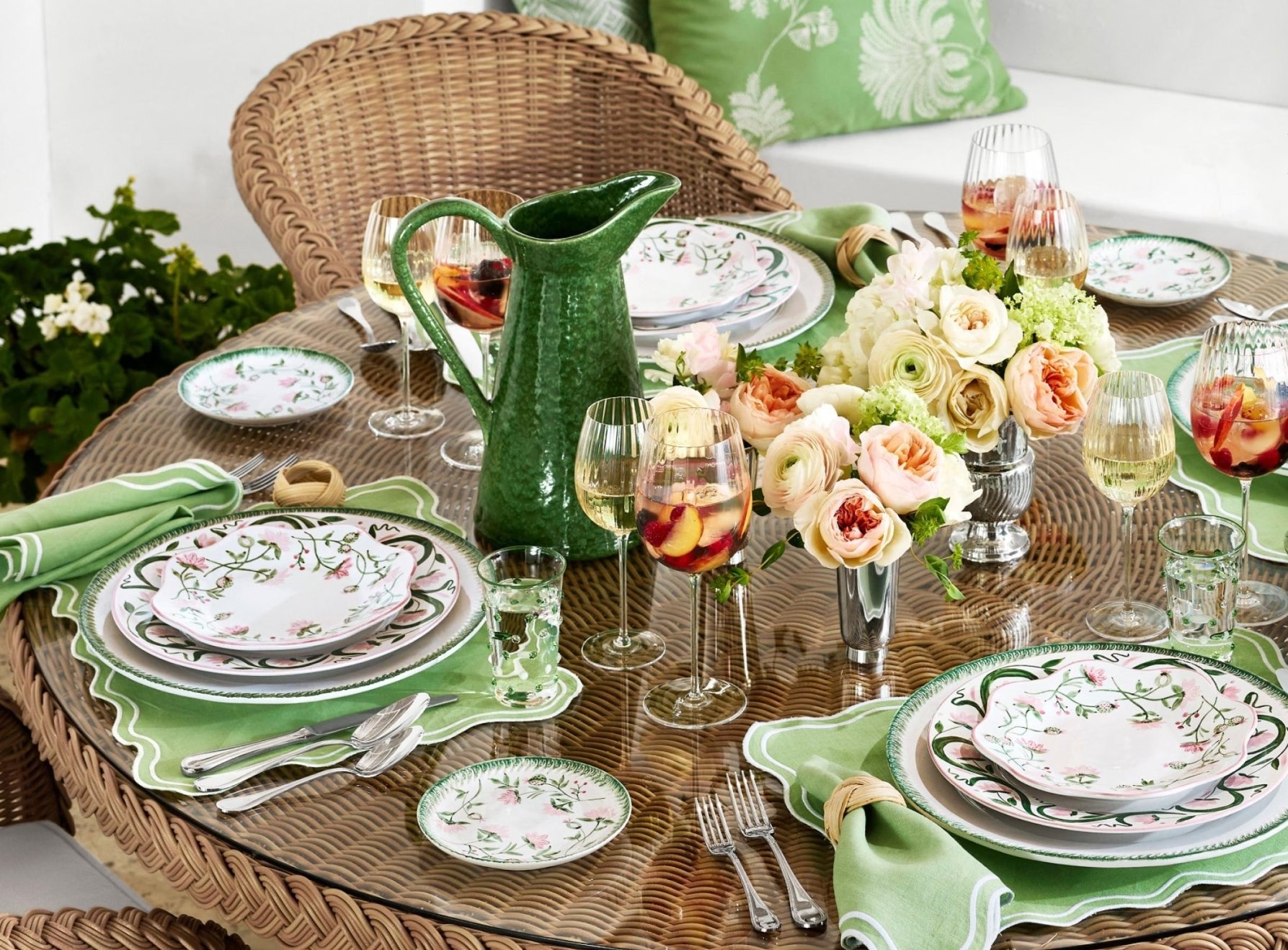 Green Summer Tablescape, with white plates, flowers