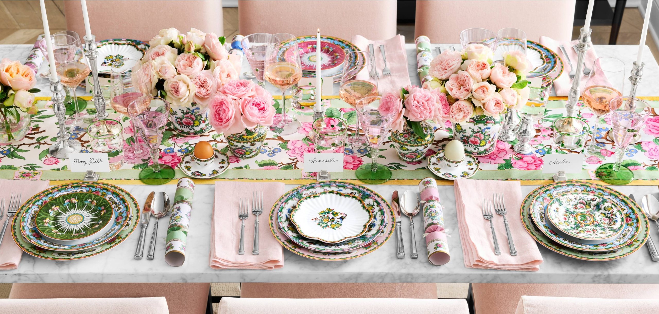 Pink summer tablescape, with pink flowers